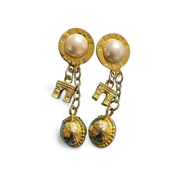 CELINE Vintage golden round frame faux pearl dangle earrings with triomphe and golden ball charm