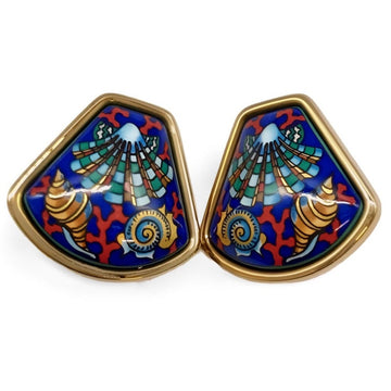 HERMES Vintage cloisonne enamel golden earrings with blue ocean, colorful shell, and red coral design