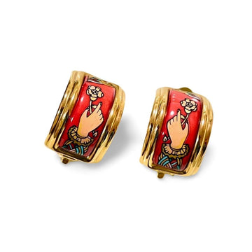 HERMES Vintage golden cloisonne enamel earrings with hand holding a flower and pink design