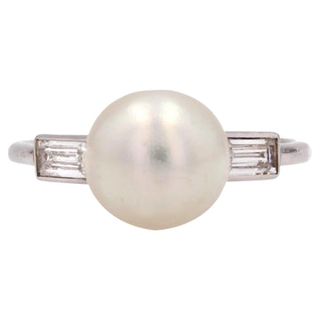 French 1925s Certified Fine Pearl Baguette, Cut Diamonds Platinum Art Deco Ring