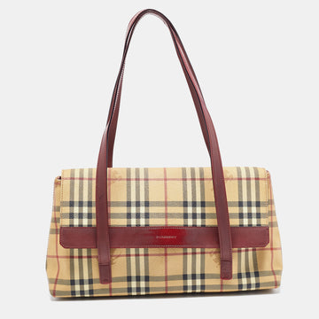 BURBERRY Beige/Burgundy Haymarket PVC and Leather Flap Tote