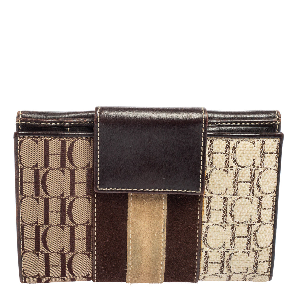 CH Carolina Herrera Monogram Canvas Suede and Leather Flap French Wallet