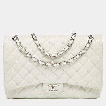 CHANEL Off White Quilted Caviar Leather Maxi Classic Double Flap Bag