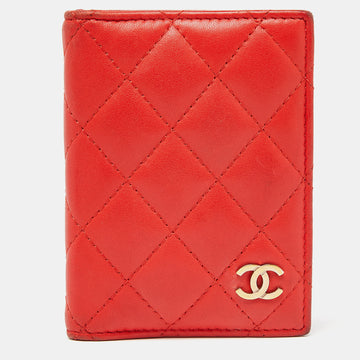 CHANEL Orange Quilted Leather CC Logo Card Case