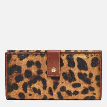 DOLCE & GABBANA Brown Leopard Print Coated Canvas Flap Continental Wallet