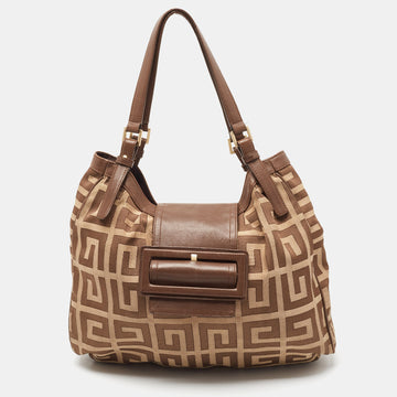 GIVENCHY Brown/Beige Monogram Canvas and Leather Buckle Flap Hobo