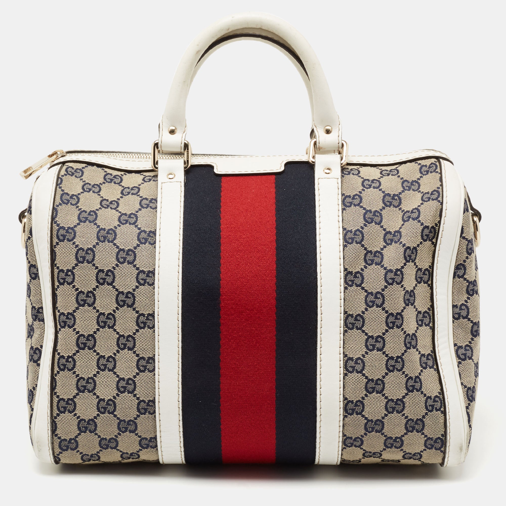 Gucci White/Navy Blue GG Canvas and Leather Medium Vintage Web Boston