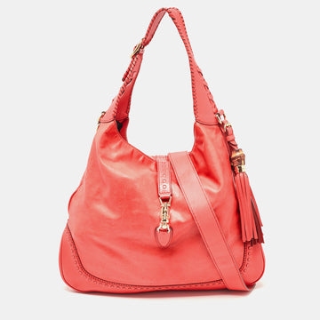 GUCCI Coral Red Leather Large New Jackie Hobo