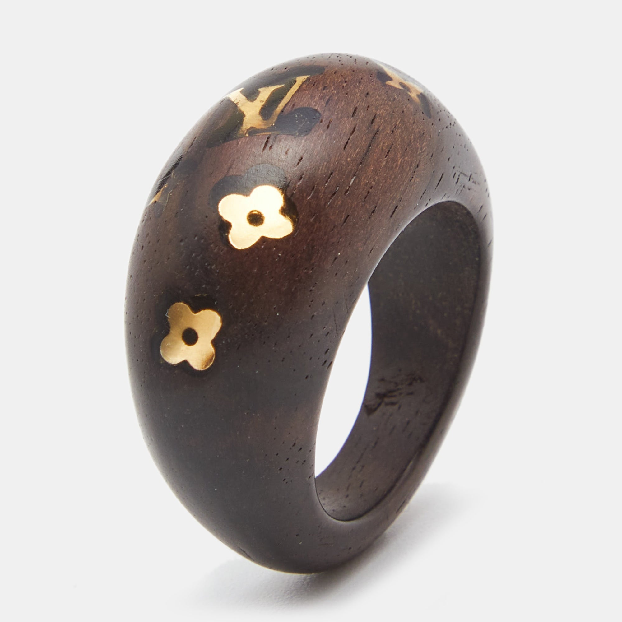 Louis Vuitton Gold Tone Monogram Wood Ring Size 56