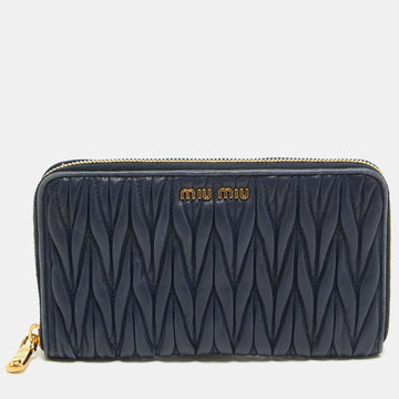 MIU MIU Navy Blue Matelasse Leather Zip Around Wallet