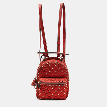 VALENTINO Red Quilted Nylon and Leather Mini Rockstud Spike Backpack