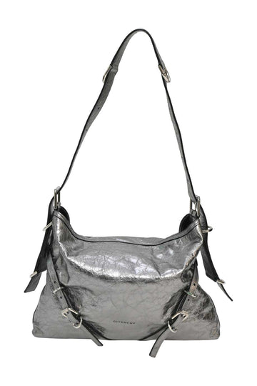 GIVENCHY Silver crinkled leather medium Voyou shoulder bag