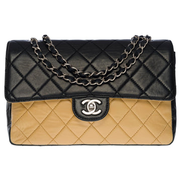CHANEL Rare Classic single flap shoulder bag in black/beige quilted lambskin, SHW