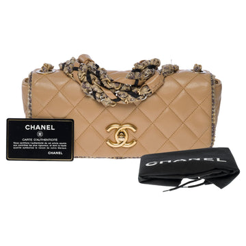 CHANEL Rare limited edition Full flap shoulder bag in beige quilted lambskin, GHW