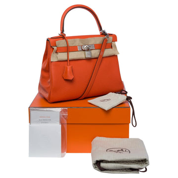 HERMES New Amazing Kelly 28 retourne handbag strap in Orange Feu leather, SHW