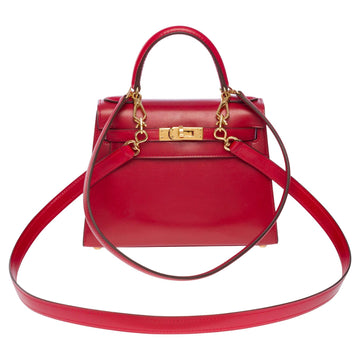 HERMES Rare Mini Kelly 20cm handbag double strap in Red H box calfskin, GHW