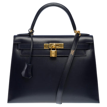 HERMES Kelly 28 sellier handbag strap in Navy Blue box calfskin leather, GHW