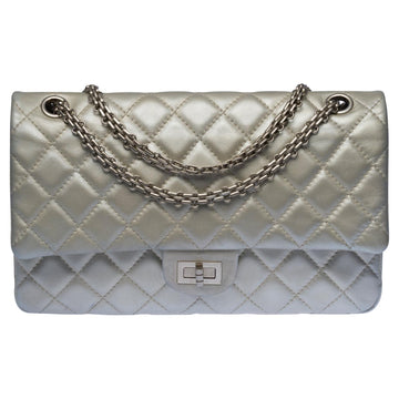 CHANEL Gorgeous 2.55 double flap shoulder bag in silver quilted leather, SHW