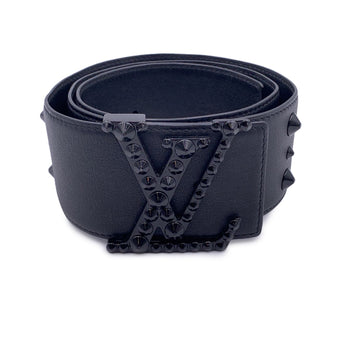 LOUIS VUITTON Black Leather Initiales Clous Wide Belt Size 85/34 M9602