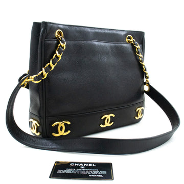 CHANEL Caviar Triple Coco Chain Shoulder Bag Black Leather Gold