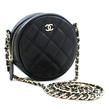 CHANEL Round Zip Caviar Small Chain Shoulder Bag Black Quilted