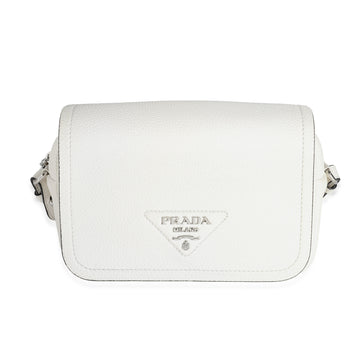 PRADA White Vitello Daino Logo Crossbody Flap Bag