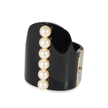 CHANEL 2015 Gold Tone Resin Hinged Bangle Bracelet With Faux Pearls