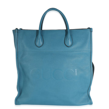 GUCCI Blue Leather Logo Embossed Shopper Tote