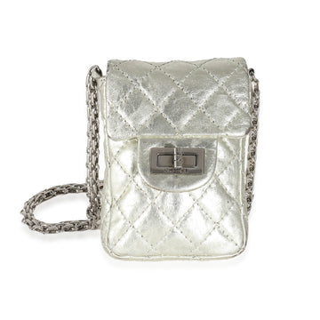 CHANEL Silver Metallic Aged Calfskin Quilted 2.55 Reissue Phone Case