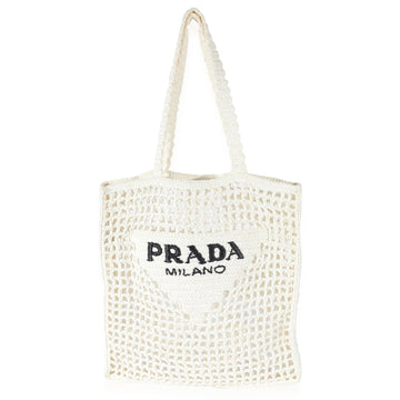 PRADA White Raffia Crochet Triangle Logo Tote