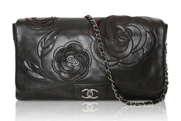 CHANEL Black Lambskin Camellia Runway Flap Bag
