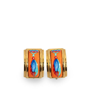 HERMES enamel cloisonne earrings orange gold plated women's