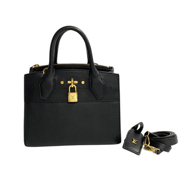 LOUIS VUITTON City Steamer Leather 2way Handbag Shoulder Bag Black 77456