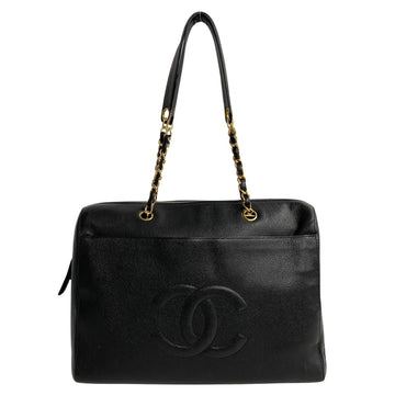 CHANEL Caviar Skin Coco Mark Leather Chain Handbag Tote Bag Black 18995