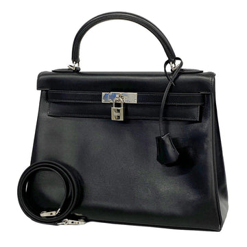 HERMES Handbag Kelly 32 F Engraved Box Calf Black Ladies
