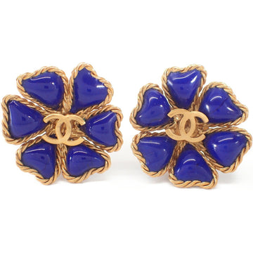 CHANEL Gripoa Coco Mark Flower Earrings Gold Blue Women's