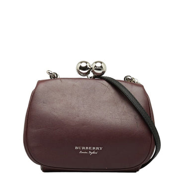 BURBERRY Check Shoulder Bag Wine Red Leather Women's