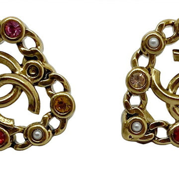 CHANEL Earrings, Heart Shape, Gold, GP, Red, Pink, Yellow, Coco Mark, Accessories, Women's