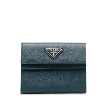 PRADA Triangle Plate Saffiano Bi-fold Wallet M53A Blue Leather Women's