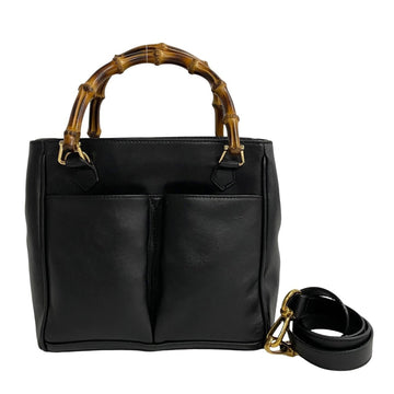 GUCCI Old  Bamboo Leather 2way Shoulder Bag Handbag Tote Black 612-10