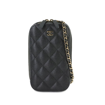 CHANEL Matelasse Phone Holder Chain Shoulder Bag Caviar Skin Leather Black A70655 Gold Hardware Case