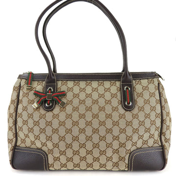 GUCCI Tote Bag 177052 Sherry Line GG Canvas Leather Beige Dark Brown Ribbon Women's