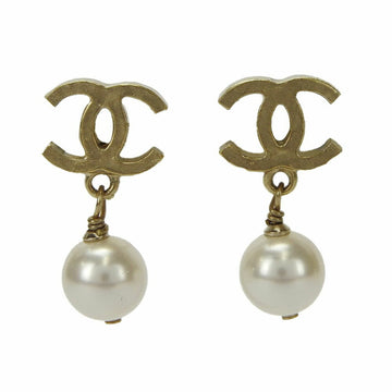 CHANEL Earrings Coco Mark 07A Gold Fake Pearl Swing Plated Accessories Women's