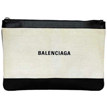 BALENCIAGA Clutch Bag Navy Clip Beige Black 420407 Handbag Canvas Leather  Women's Men's