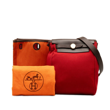 HERMES Airbag TPM Shoulder Bag Red Orange Brown Toile Officier Leather Women's