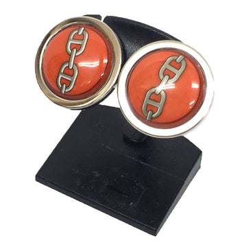 HERMES Enamel Earrings Chaine d'Ancre Cloisonne Orange x Silver