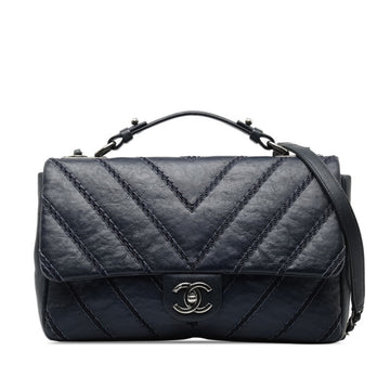 CHANEL Coco Mark V Stitch Handbag Shoulder Bag Blue Silver Leather Women's