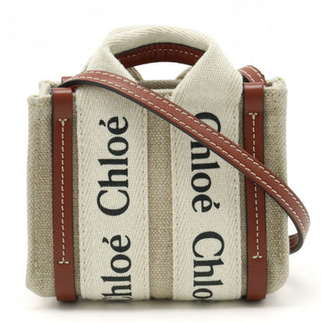 CHLOeChloe  Woody Tote Bag Shoulder Linen Canvas Leather Beige Brown CHC22AP237I2690U