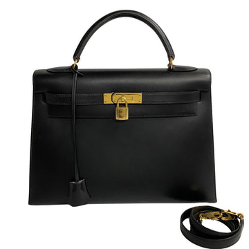 HERMES Kelly 32 Calf Leather 2way Handbag Shoulder Bag Black 73851