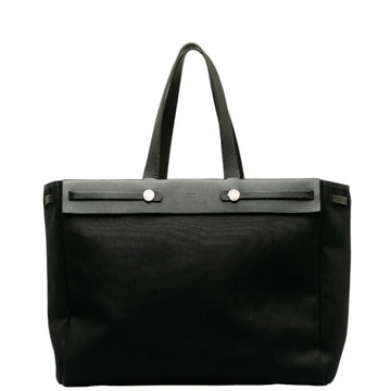 HERMES Airbag Cabas MM Handbag Black Canvas Leather Women's